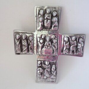 Pewter Cross With Relief Images Made in Mexico 9 Inch Tall